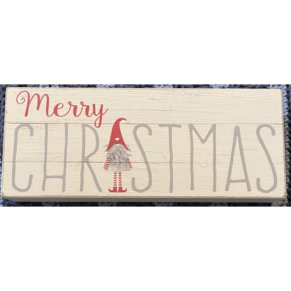 Merry Christmas Wooden Gnome Sign Wall Shelf Holiday Decor White Sixtrees
